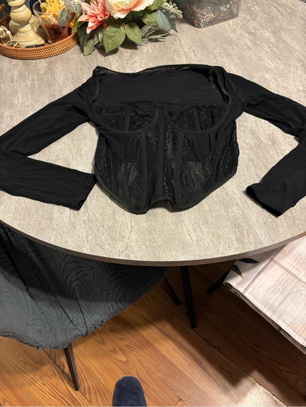 Source Unknown Black Lace Corset-Style Long Sleeve Top